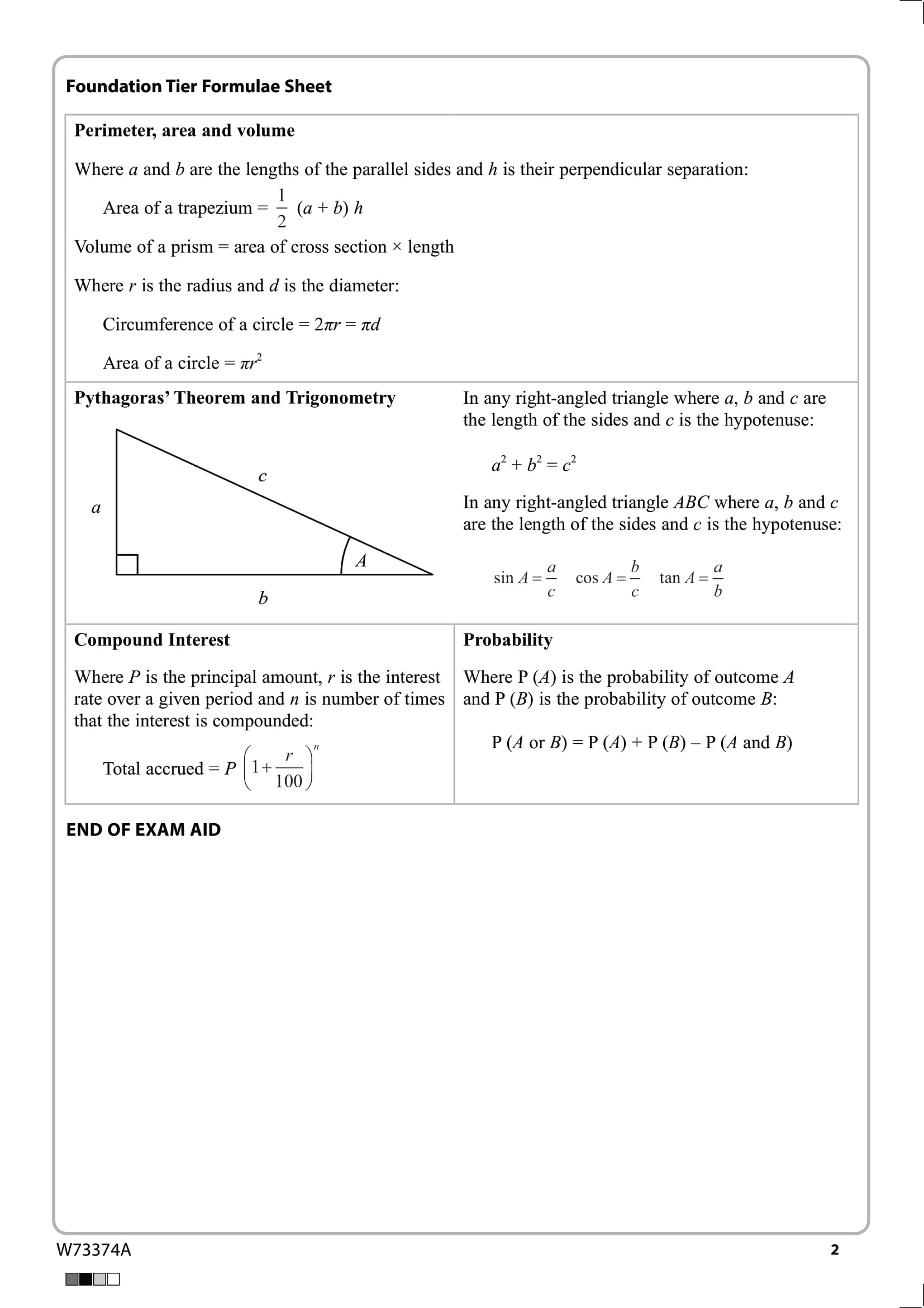 Maths GCSE Formula Sheet Foundation 2 